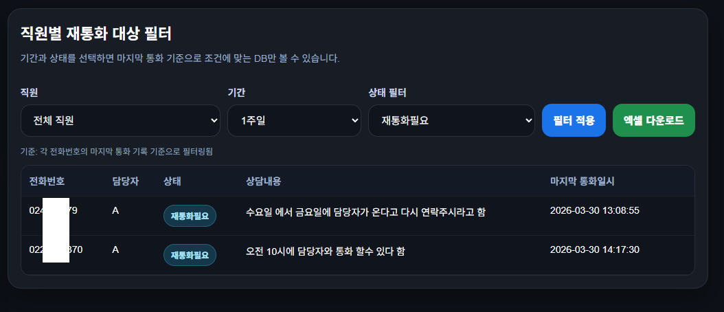 재통화 대상 필터 기능